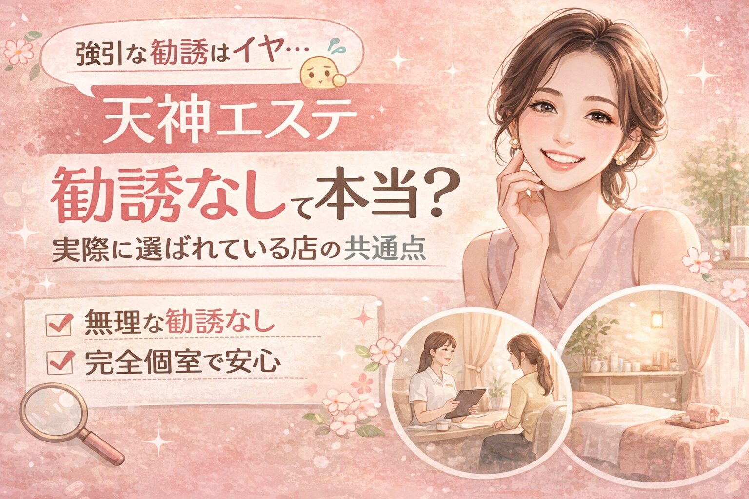 天神で勧誘なしのエステを探す女性が、安心した表情で相談を受ける様子と、完全個室や丁寧な対応が伝わる落ち着いた雰囲気を表現したビジュアル