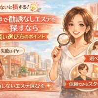 天神で勧誘なしのエステを探す女性が、チェック項目を確認しながら安心して選択できる様子と、明確な料金・選べる施術・信頼できるスタッフが伝わる構成