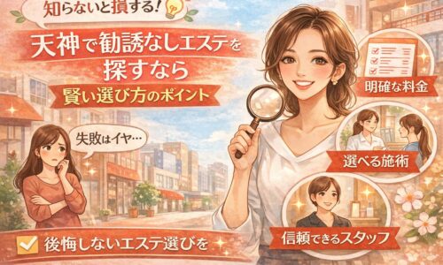 天神で勧誘なしのエステを探す女性が、チェック項目を確認しながら安心して選択できる様子と、明確な料金・選べる施術・信頼できるスタッフが伝わる構成