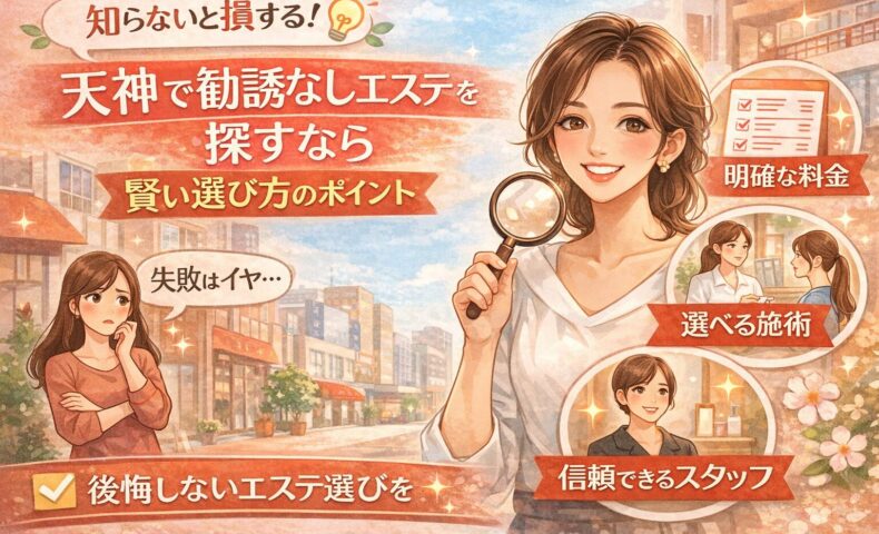 天神で勧誘なしのエステを探す女性が、チェック項目を確認しながら安心して選択できる様子と、明確な料金・選べる施術・信頼できるスタッフが伝わる構成
