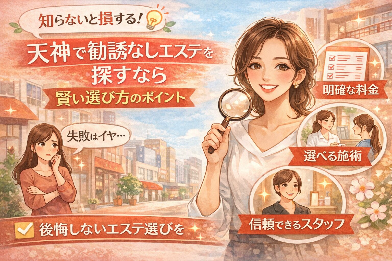 天神で勧誘なしのエステを探す女性が、チェック項目を確認しながら安心して選択できる様子と、明確な料金・選べる施術・信頼できるスタッフが伝わる構成