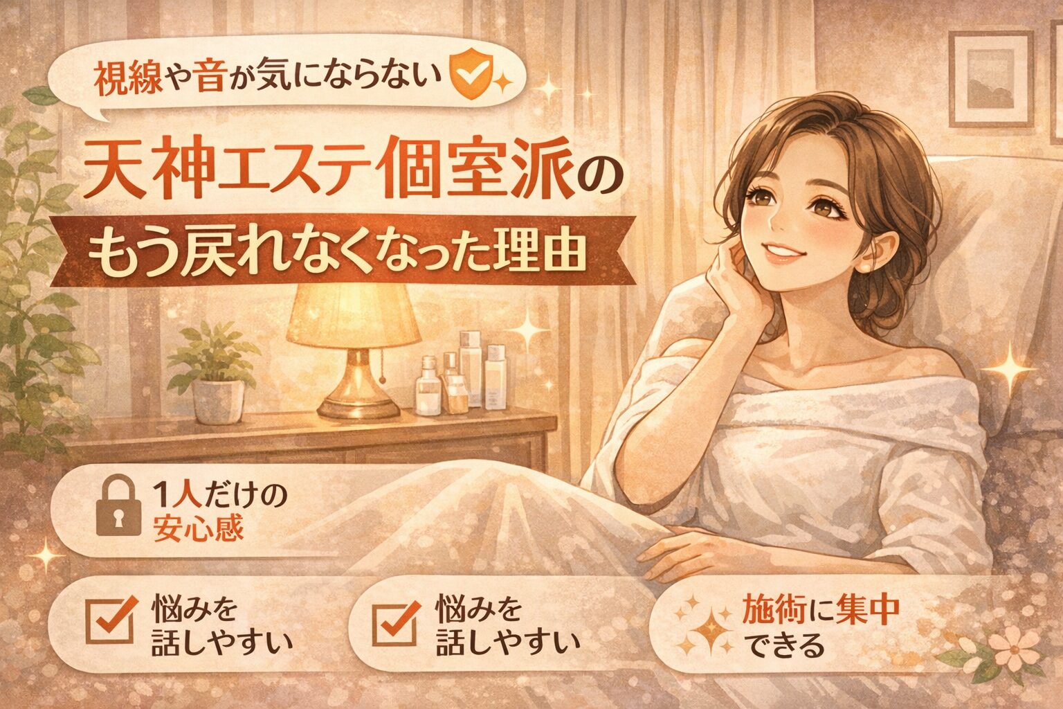 天神で個室エステを利用する女性が、周囲を気にせず落ち着いた空間で施術前の時間を過ごし、安心感と集中できる環境が伝わる構成