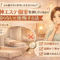 天神で個室エステを探す女性が、完全個室かどうかや説明の丁寧さを確認しながら、後悔しない選び方を考えている様子が分かる構成
