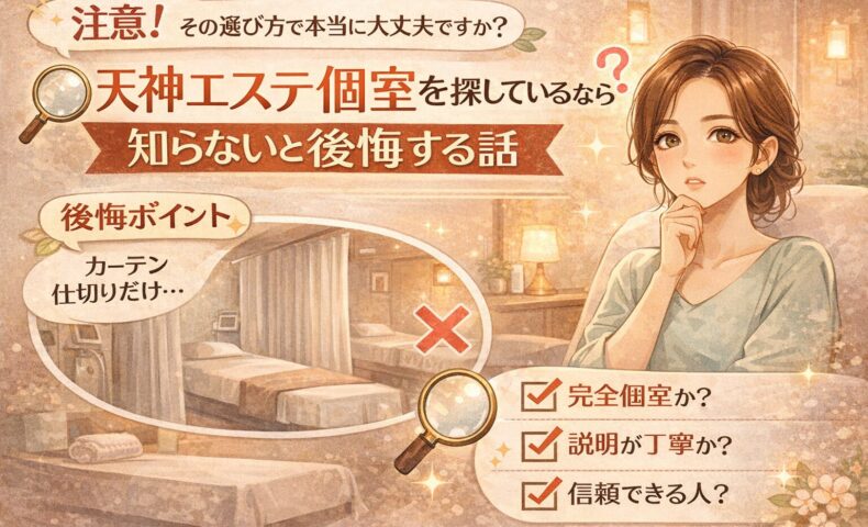 天神で個室エステを探す女性が、完全個室かどうかや説明の丁寧さを確認しながら、後悔しない選び方を考えている様子が分かる構成