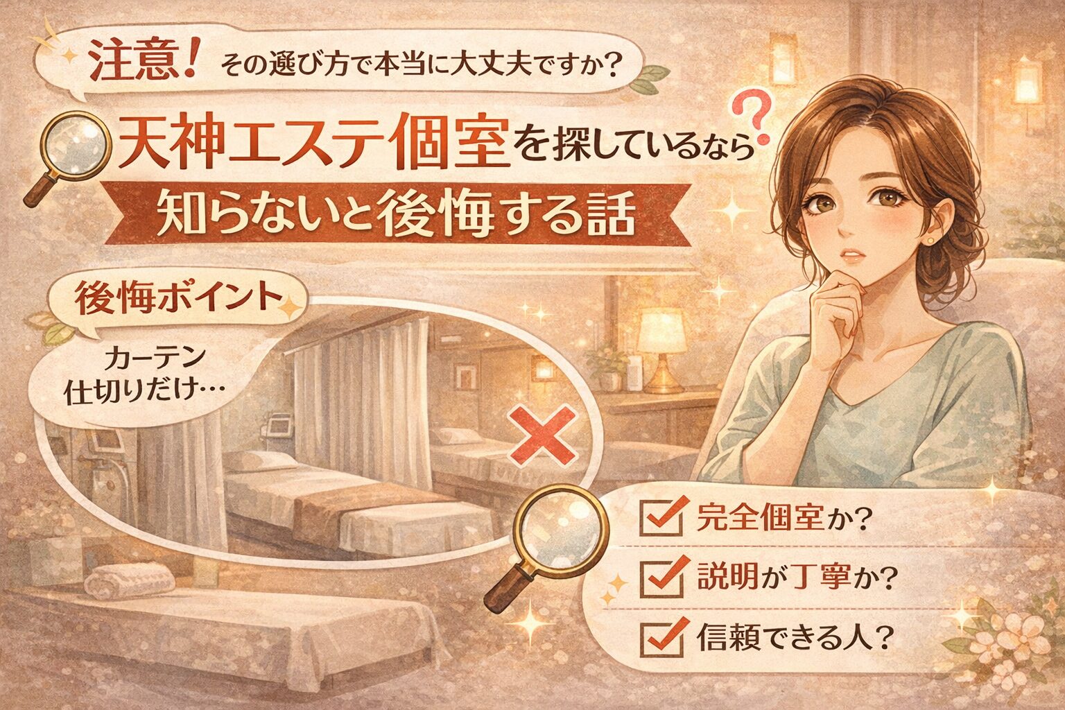 天神で個室エステを探す女性が、完全個室かどうかや説明の丁寧さを確認しながら、後悔しない選び方を考えている様子が分かる構成