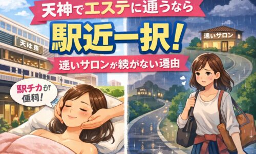 天神でエステに通うなら駅近が重要である理由を、通いやすいサロンと遠いサロンの違いで比較したイメージ画像