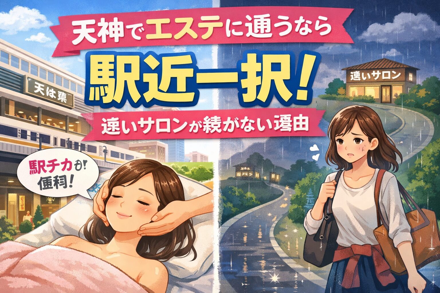 天神でエステに通うなら駅近が重要である理由を、通いやすいサロンと遠いサロンの違いで比較したイメージ画像