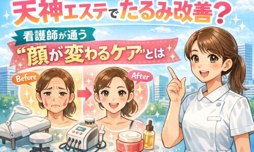 天神のエステでたるみ改善をテーマに、看護師が通うフェイシャルケアの効果をBefore Afterで解説した美容エステのイメージ画像