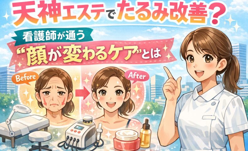 天神のエステでたるみ改善をテーマに、看護師が通うフェイシャルケアの効果をBefore Afterで解説した美容エステのイメージ画像