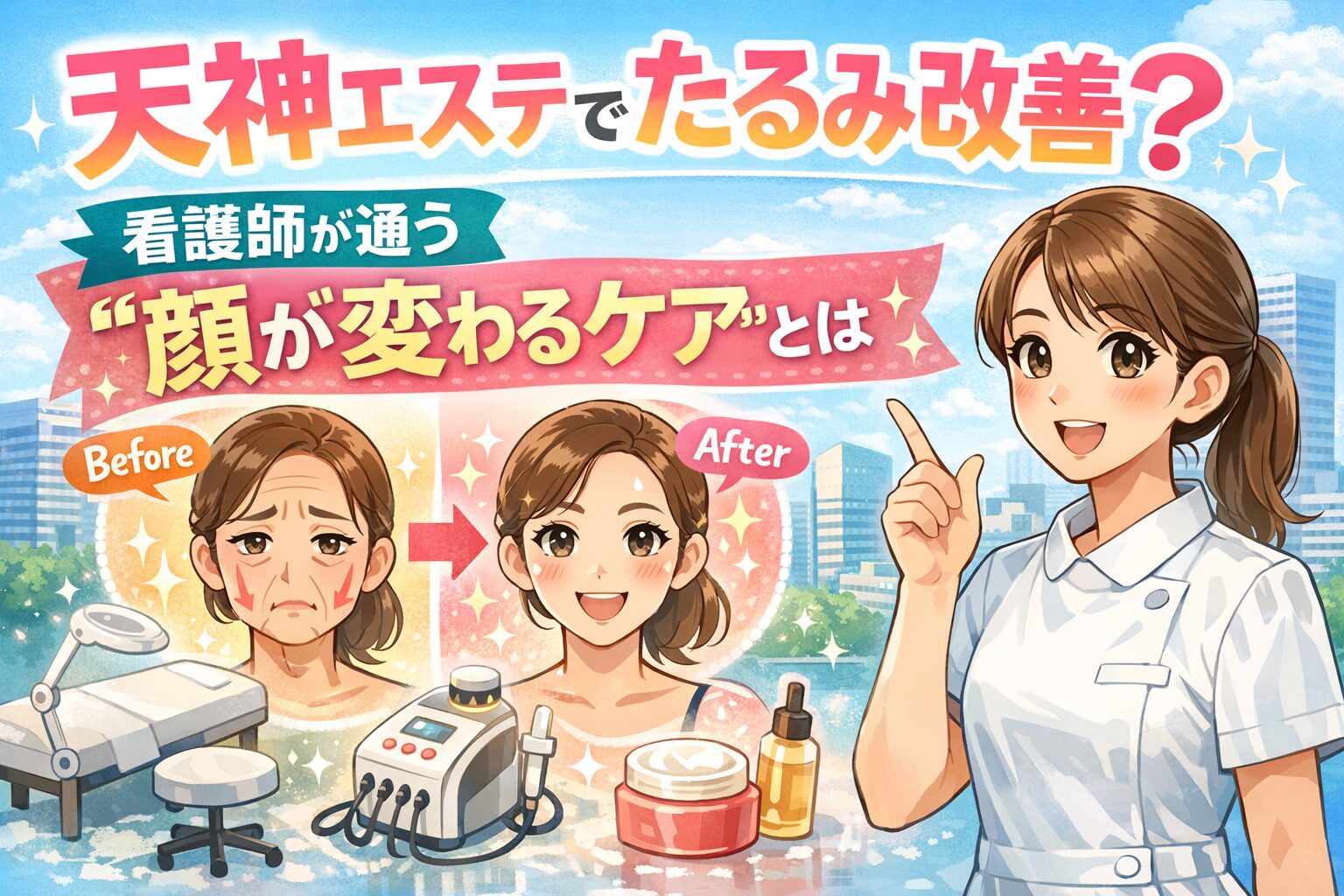 天神のエステでたるみ改善をテーマに、看護師が通うフェイシャルケアの効果をBefore Afterで解説した美容エステのイメージ画像