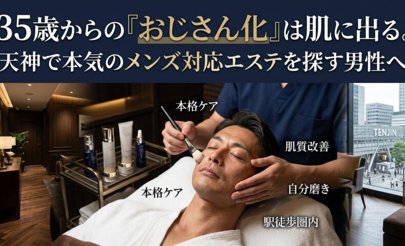 天神の街並みを望む落ち着いた個室空間で、プロによるフェイシャル施術を受ける男性の画像。35歳からの肌悩みに応えるメンズ対応エステの魅力を伝えるアイキャッチ。