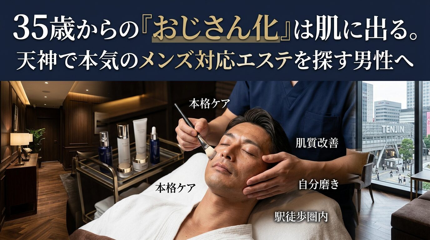 天神の街並みを望む落ち着いた個室空間で、プロによるフェイシャル施術を受ける男性の画像。35歳からの肌悩みに応えるメンズ対応エステの魅力を伝えるアイキャッチ。