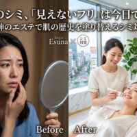 鏡の前で頬のシミに悩む女性のBeforeと、天神のエステでプロによる最新マシンのシミ対策を受け、明るい笑顔を取り戻した女性のAfterを比較したアイキャッチ画像。