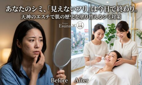 鏡の前で頬のシミに悩む女性のBeforeと、天神のエステでプロによる最新マシンのシミ対策を受け、明るい笑顔を取り戻した女性のAfterを比較したアイキャッチ画像。