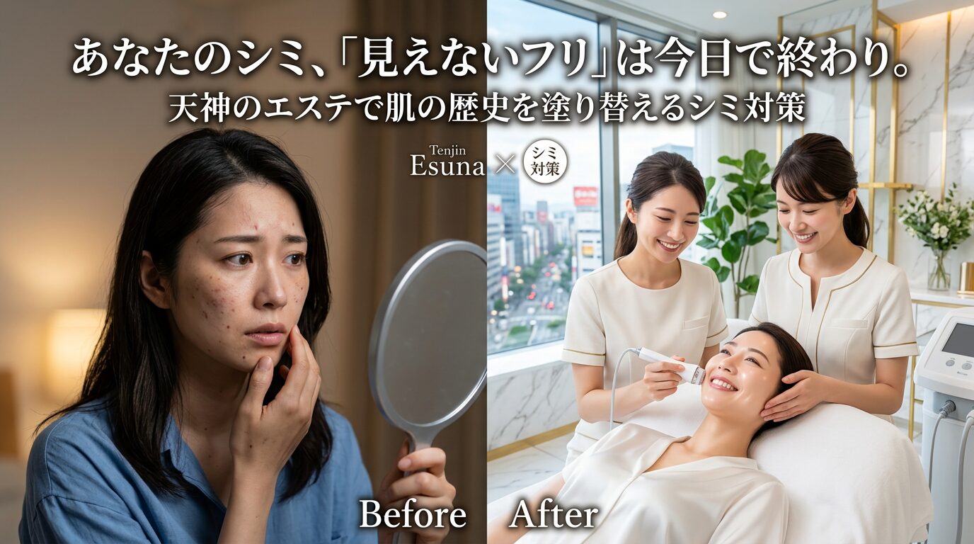 鏡の前で頬のシミに悩む女性のBeforeと、天神のエステでプロによる最新マシンのシミ対策を受け、明るい笑顔を取り戻した女性のAfterを比較したアイキャッチ画像。
