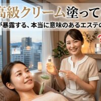 天神のエステサロンで乾燥肌対策の施術を受ける女性と笑顔のエステティシャン。「まだ高級クリーム塗ってるの？」という文字と、高級クリームに疑問符が描かれたブログ記事のアイキャッチ画像。