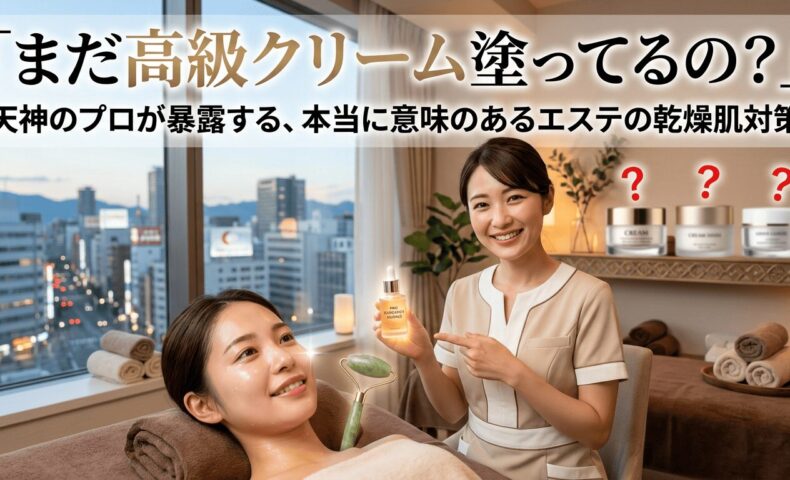 天神のエステサロンで乾燥肌対策の施術を受ける女性と笑顔のエステティシャン。「まだ高級クリーム塗ってるの？」という文字と、高級クリームに疑問符が描かれたブログ記事のアイキャッチ画像。