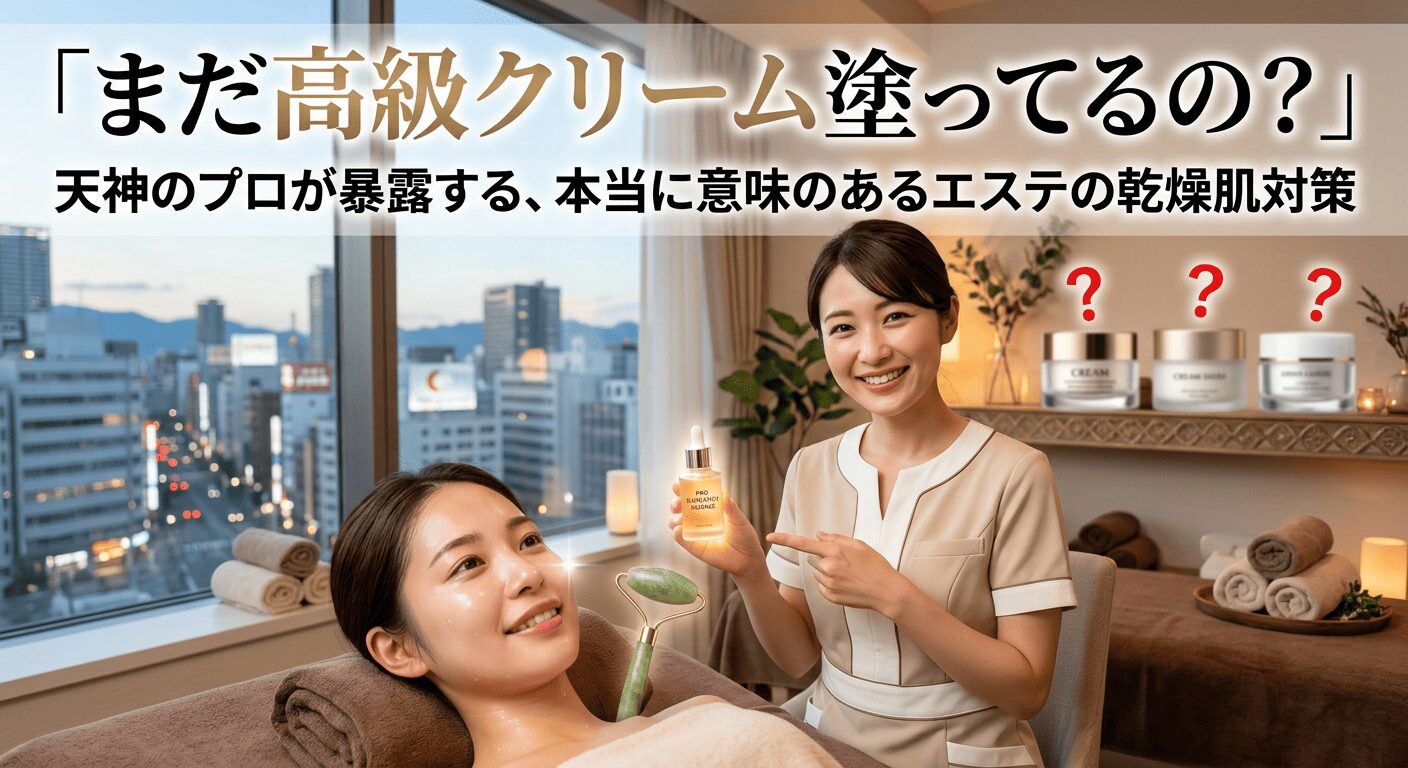 天神のエステサロンで乾燥肌対策の施術を受ける女性と笑顔のエステティシャン。「まだ高級クリーム塗ってるの？」という文字と、高級クリームに疑問符が描かれたブログ記事のアイキャッチ画像。