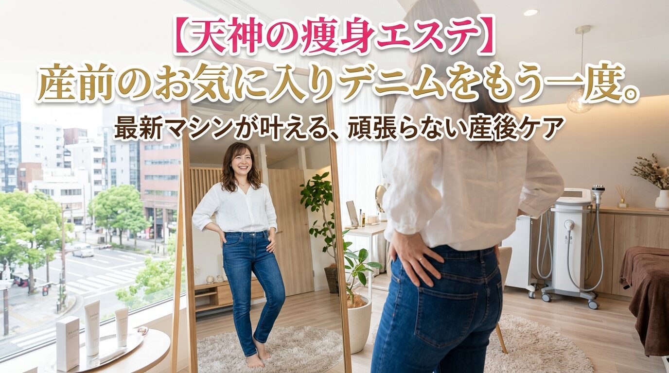 明るいエステサロンの個室で、産前のお気に入りデニムを綺麗に履きこなして笑顔を見せる女性。最新マシンによる痩身エステで産後ケアを叶えるブログ記事のアイキャッチ画像。
