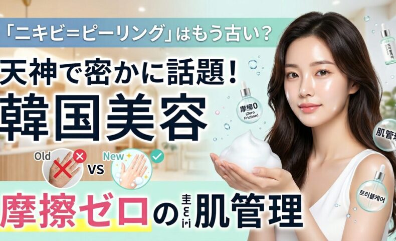 鏡の前でニキビ跡に悩む女性と、今泉のエステサロンで九州初の最新マシンによるニキビケアを受け、潤った水光肌で笑顔を見せる女性のビフォーアフター画像。2025年3月オープンの最先端技術をアピールするアイキャッチ。