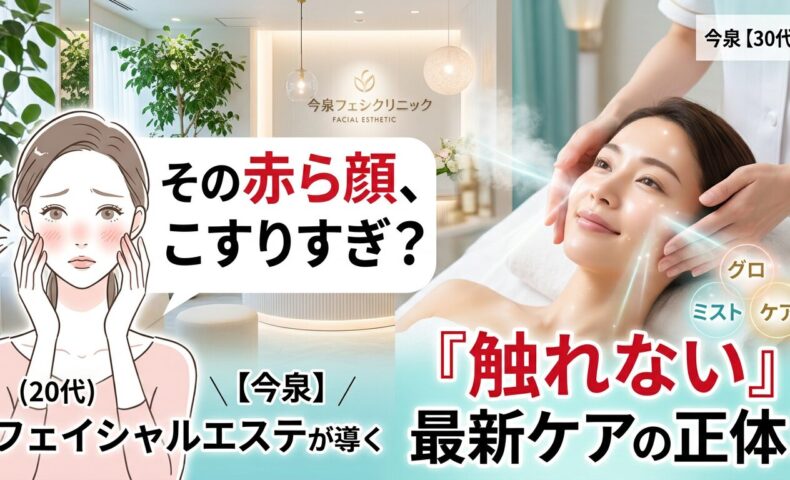 頬の赤みに悩む女性のイラストと、今泉のエステサロンでミストによる「触れない」最新フェイシャルケアを受けて潤いのある肌を手に入れた女性の比較画像。