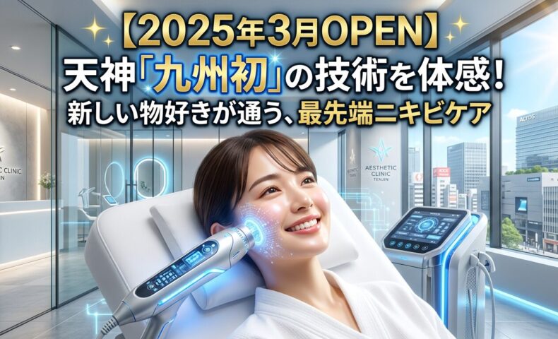 鏡の前でニキビ跡に悩む女性と、天神のエステサロンで九州初の最新マシンによるニキビケアを受け、潤った水光肌で笑顔を見せる女性のビフォーアフター画像。2025年3月オープンの最先端技術をアピールするアイキャッチ。