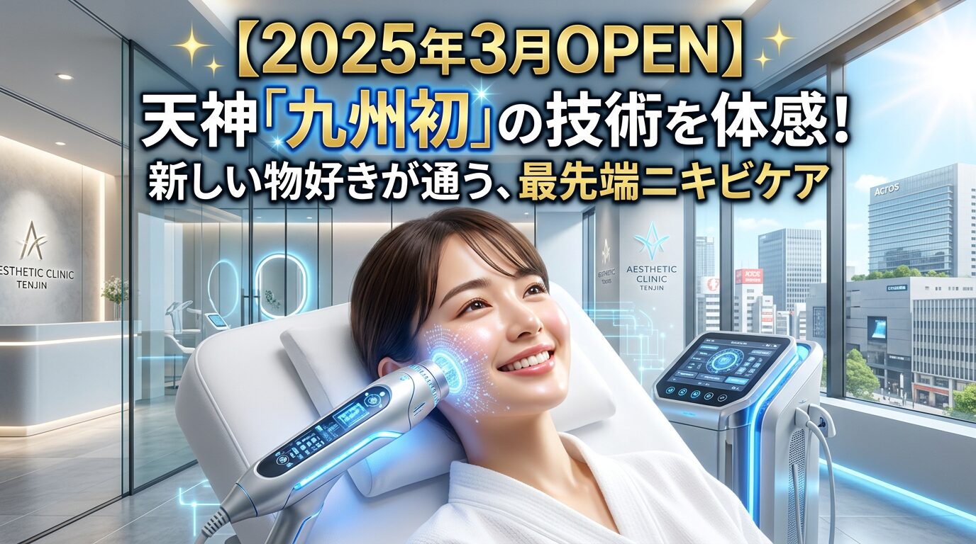 鏡の前でニキビ跡に悩む女性と、天神のエステサロンで九州初の最新マシンによるニキビケアを受け、潤った水光肌で笑顔を見せる女性のビフォーアフター画像。2025年3月オープンの最先端技術をアピールするアイキャッチ。
