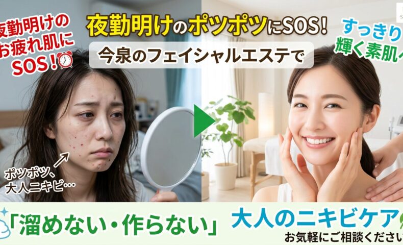 鏡の前でニキビ跡に悩む女性と、今泉のエステサロンで九州初の最新マシンによるニキビケアを受け、潤った水光肌で笑顔を見せる女性のビフォーアフター画像。2025年3月オープンの最先端技術をアピールするアイキャッチ。