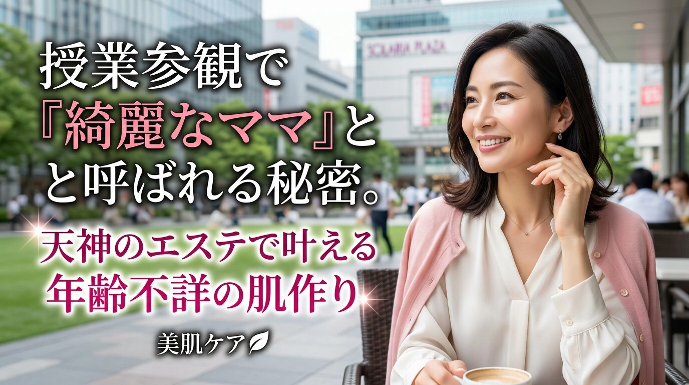 天神のカフェでくつろぎながら、潤いのある肌で微笑む上品な女性の画像。ママ世代に向けたフェイシャルエステの魅力を伝えるアイキャッチ。