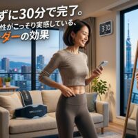 夜景の見える福岡のマンションで、寝たまま30分で筋肉を鍛えられる痩身機器「エムスレンダー」のベルトを装着して笑顔で鏡を見る女性。忙しい女性の効率的なボディメイクを表現したブログ記事のアイキャッチ画像。
