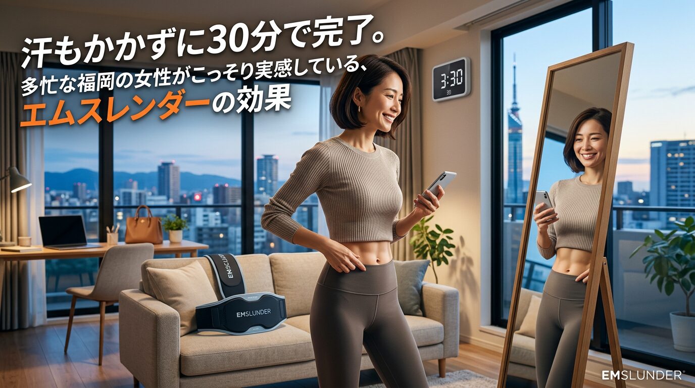夜景の見える福岡のマンションで、寝たまま30分で筋肉を鍛えられる痩身機器「エムスレンダー」のベルトを装着して笑顔で鏡を見る女性。忙しい女性の効率的なボディメイクを表現したブログ記事のアイキャッチ画像。