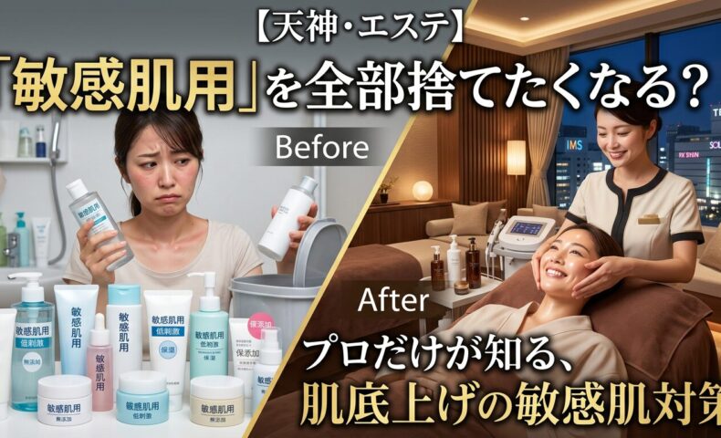 「敏感肌用」スキンケア製品を捨てるBeforeの女性と、天神のエステサロンの完全個室で笑顔でプロのフェイシャル施術を受けるAfterの女性。肌底上げの根本的な敏感肌対策を表現したブログ記事のアイキャッチ画像。