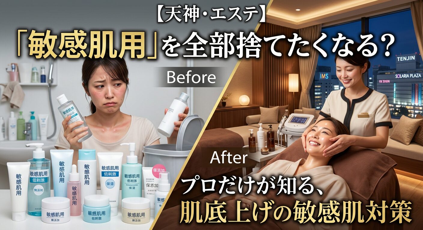 「敏感肌用」スキンケア製品を捨てるBeforeの女性と、天神のエステサロンの完全個室で笑顔でプロのフェイシャル施術を受けるAfterの女性。肌底上げの根本的な敏感肌対策を表現したブログ記事のアイキャッチ画像。