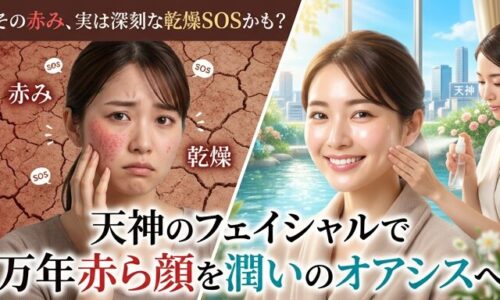 天神で受ける赤ら顔向けフェイシャルのBefore/Afterを表現したサムネイル画像。左側には乾燥してヒビ割れた大地を背景に、赤ら顔で悩む女性と「赤み」「乾燥SOS」の文字。右側には潤いのある背景と「潤いのオアシスへ」の文字、笑顔で保湿スプレーを浴びる女性。天神タワー（仮）を望む景色。