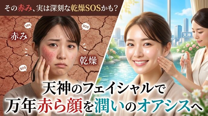 天神で受ける赤ら顔向けフェイシャルのBefore/Afterを表現したサムネイル画像。左側には乾燥してヒビ割れた大地を背景に、赤ら顔で悩む女性と「赤み」「乾燥SOS」の文字。右側には潤いのある背景と「潤いのオアシスへ」の文字、笑顔で保湿スプレーを浴びる女性。天神タワー（仮）を望む景色。