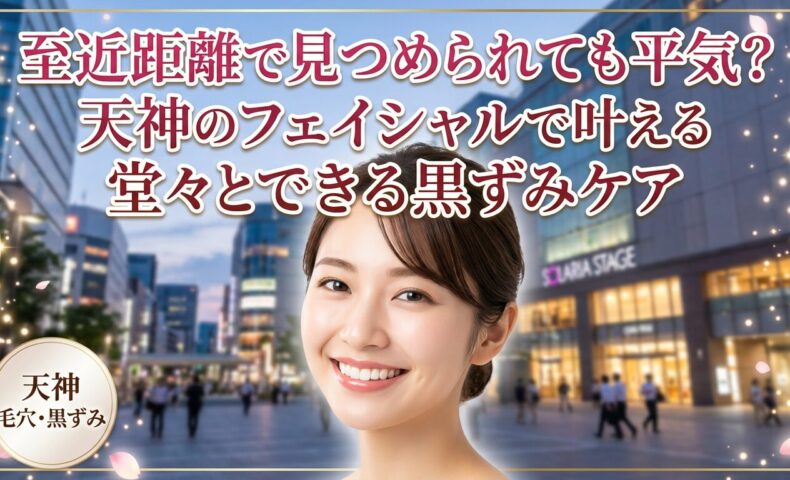 天神の街並みを背景に、毛穴の悩みから解放されて自信に満ちた笑顔を見せる女性の画像。至近距離でも堂々とできるフェイシャルによる黒ずみケアの魅力を伝えるアイキャッチ。