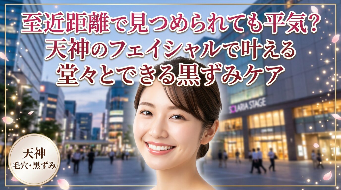 天神の街並みを背景に、毛穴の悩みから解放されて自信に満ちた笑顔を見せる女性の画像。至近距離でも堂々とできるフェイシャルによる黒ずみケアの魅力を伝えるアイキャッチ。