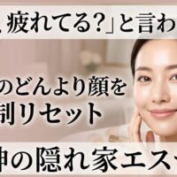 天神の落ち着いた空間でエステの施術を受け、疲れを感じさせない透明感のある素肌で微笑む30代女性の画像。どんよりとした顔色を強制リセットする魅力を伝えるアイキャッチ。
