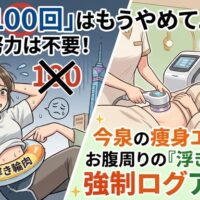 つらい腹筋運動と快適な痩身エステを対比させた、お腹周りの浮き輪肉解消をテーマにしたスプリットスクリーン画像。左側はつらそうに腹筋をする女性と「浮き輪肉」のイラスト、右側は笑顔でエステを受ける女性とお腹から消える浮き輪肉のアイコン。