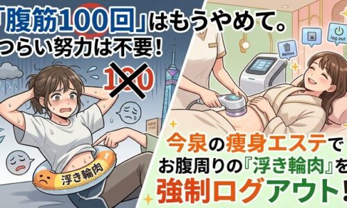 つらい腹筋運動と快適な痩身エステを対比させた、お腹周りの浮き輪肉解消をテーマにしたスプリットスクリーン画像。左側はつらそうに腹筋をする女性と「浮き輪肉」のイラスト、右側は笑顔でエステを受ける女性とお腹から消える浮き輪肉のアイコン。