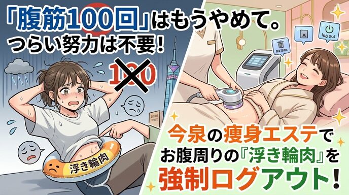 つらい腹筋運動と快適な痩身エステを対比させた、お腹周りの浮き輪肉解消をテーマにしたスプリットスクリーン画像。左側はつらそうに腹筋をする女性と「浮き輪肉」のイラスト、右側は笑顔でエステを受ける女性とお腹から消える浮き輪肉のアイコン。