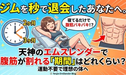 辛いジムでの運動を挫折した女性が、ベッドに寝たまま天神のサロンでエムスレンダーの施術を受けるイラスト。腹筋が割れるまでにどれくらいの期間が必要なのかを、時計とシックスパックの対比で分かりやすく表現したアイキャッチ画像。
