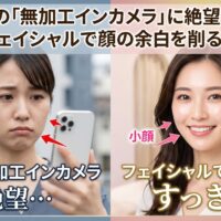 スマートフォンの無加工インカメラを見て顔の余白に落ち込む女性と、今泉のサロンでフェイシャルの施術を受けてスッキリとした輪郭を手に入れた笑顔の女性を比較した画像。プロの小顔ケアによる劇的な変化を伝えるアイキャッチ。