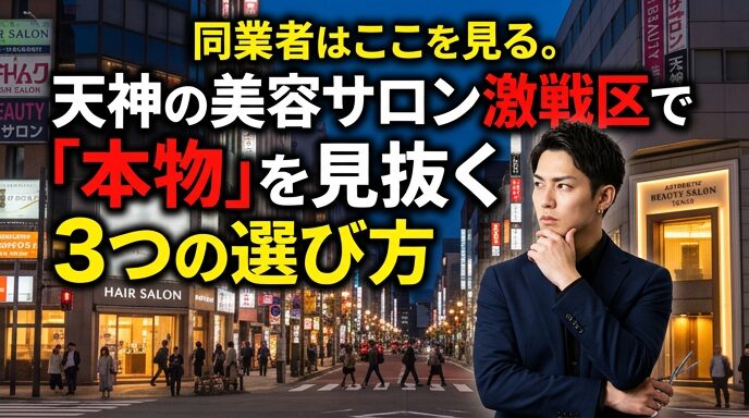 天神の美容サロン激戦区（夜の都会的な街並み）を背景に、真剣な表情で考える同業者の男性（美容師）の画像。プロが教える「本物」のサロンを見抜く3つの選び方を伝えるアイキャッチ。