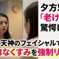 夕方5時にオフィスの鏡を見て自分の老け顔に驚愕する女性と、エステを受けて透明感を取り戻した女性を組み合わせた画像。天神のサロンで受けるフェイシャルによって、肌のくすみをリセットする魅力を伝えるアイキャッチ。