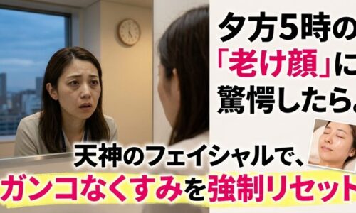 夕方5時にオフィスの鏡を見て自分の老け顔に驚愕する女性と、エステを受けて透明感を取り戻した女性を組み合わせた画像。天神のサロンで受けるフェイシャルによって、肌のくすみをリセットする魅力を伝えるアイキャッチ。