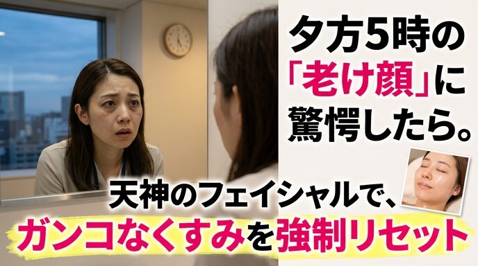 夕方5時にオフィスの鏡を見て自分の老け顔に驚愕する女性と、エステを受けて透明感を取り戻した女性を組み合わせた画像。天神のサロンで受けるフェイシャルによって、肌のくすみをリセットする魅力を伝えるアイキャッチ。