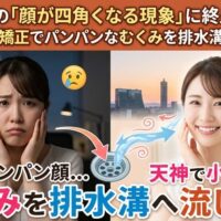 夕方のオフィスで顔が四角くむくんだことに悩む女性（左）と、天神のサロンで小顔矯正を受け、スッキリとしたフェイスラインで微笑む女性（右）を対比させた画像。パンパンなむくみを排水溝へ流し切るというコンセプトを伝えるアイキャッチ。