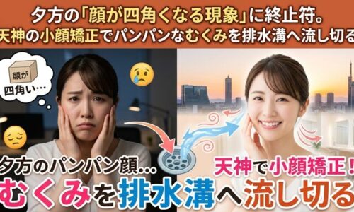夕方のオフィスで顔が四角くむくんだことに悩む女性（左）と、天神のサロンで小顔矯正を受け、スッキリとしたフェイスラインで微笑む女性（右）を対比させた画像。パンパンなむくみを排水溝へ流し切るというコンセプトを伝えるアイキャッチ。
