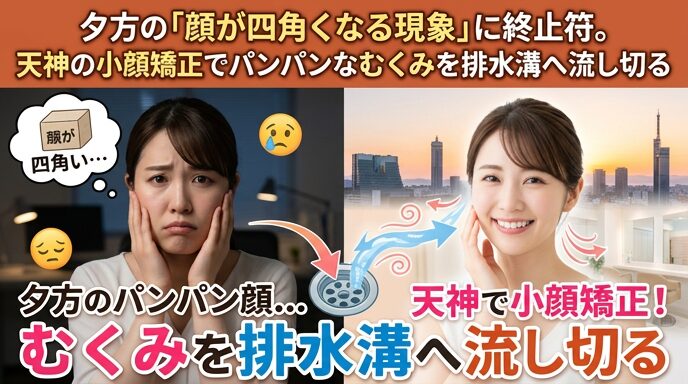 夕方のオフィスで顔が四角くむくんだことに悩む女性（左）と、天神のサロンで小顔矯正を受け、スッキリとしたフェイスラインで微笑む女性（右）を対比させた画像。パンパンなむくみを排水溝へ流し切るというコンセプトを伝えるアイキャッチ。
